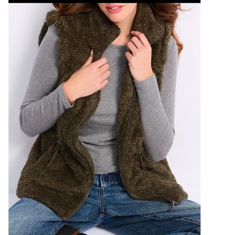 Democracy Faux Fur Vest Women 3X Olive Green Drawstring Waist Full Zip W2G73975E